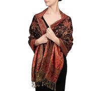 Achillea Soft Silky Reversible Paisley Pashmina Shawl Wrap Scarf w/Fringes, Black Red