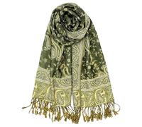 Achillea Soft Silky Reversible Paisley Pashmina Shawl Wrap Scarf w/Fringes, Dark Olive, 28" W x 76" L