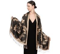 Achillea Soft Silky Reversible Paisley Pashmina Shawl Wrap Scarf w/Fringes, Floral Black Gold, 28" W x 76" L