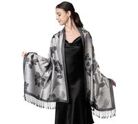 Achillea Soft Silky Reversible Paisley Pashmina Shawl Wrap Scarf w/Fringes, Floral Silver Grey, 28" W x 76" L
