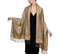 Achillea Soft Silky Reversible Paisley Pashmina Shawl Wrap Scarf w/Fringes, Grey Gold, 28" W x 76" L
