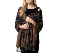 Achillea Soft Silky Reversible Paisley Pashmina Shawl Wrap Scarf w/Fringes - NAVY -