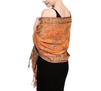 Achillea Soft Silky Reversible Paisley Pashmina Shawl Wrap Scarf w/Fringes, Orange, 28" W x 76" L
