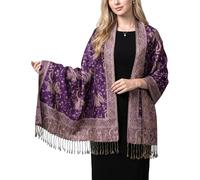 Achillea Soft Silky Reversible Paisley Pashmina Shawl Wrap Scarf w/Fringes, Purple, 28" W x 76" L