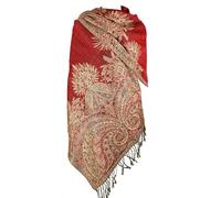 Achillea Soft Silky Reversible Paisley Pashmina Shawl Wrap Scarf w/Fringes, Red, 28" W x 76" L