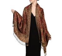 Achillea Soft Silky Reversible Paisley Pashmina Shawl Wrap Scarf w/Fringes, Rust Red, 28" W x 76" L