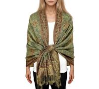Achillea Soft Silky Reversible Paisley Pashmina Shawl Wrap Scarf w/Fringes, Sage Green, 28" W x 76" L