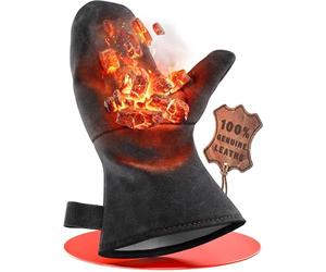 achilles Fireplace Glove, Conforms to Standard En407, with Thermal Insulation, Leather Oven Fireproof Protective Grill Heat-Resistant (Black, 31x18 cm)