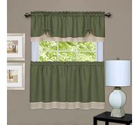 ACHIM Darcy (Green/Camel) Tier and Valance Window Curtain Set - 58 Inch Width, 24 Inch Length - Light Filtering Drapes for Kitchen, Bedroom, Living & Dining Room Home Decor
