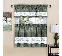 ACHIM Tier and Valance Window Curtain Set - 58 Inch Width, 24 Inch Length - Live, Love, Laugh (Green) - Light Filtering Drapes for Kitchen, Bedroom, Living & Dining Room Home Decor