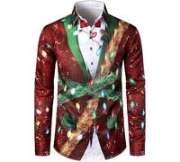 Achimlt Men's Christmas Shirt Fashion Xmas Santa Claus Reindeer 3D Funny Printed T Shirts Casual Long Sleeves Lapel Button Down Shirt Soft Comfortable Vacation Shirt Christmas T Shirts for Men UK