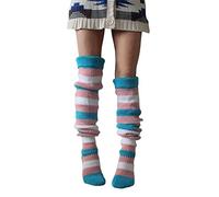 Achlibe Adults Women Knitted Stockings Autumn Winter Leisure Style Mixed Color Stripes Knee-high Socks Long Stockings (Blue Pink, One Size)