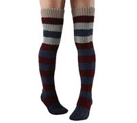 Achlibe Adults Women Knitted Stockings Autumn Winter Leisure Style Mixed Color Stripes Knee-high Socks Long Stockings (Grey Burgundy, One Size)