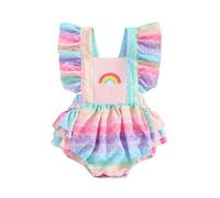 Achlibe Baby Girls Rainbow Romper Cute Square Neck Ruffled Bodysuit Bubble Summer One-Piece Jumpsuit Summer Clothes (A-Colorful, 12-18 Months)
