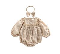 Achlibe Infant Baby Girls Romper Plaid Print Round Neck Lantern Long Sleeve Jumpsuits Autumn One-Piece Clothes with Headband (Khaki, 0-3 Months)