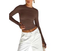 Achlibe Long Sleeve Crop Top for Women Classic Solid Color Tight Shirt Trendy Going Out Tops Workout Blouse (C-Brown, S)