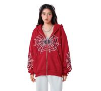 Achlibe Spider Web Sweatshirt Y2k Halloween Zip Up Front Spider Print Oversized Hoodie Coat Causal Streetwear (A-Red, S)