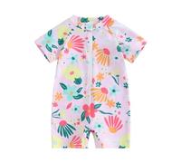 Achlibe Toddler Girls Rash Guard Swimsuit Rompers Zipper Short Sleeve Floral Print Kids Bathing Suit Baby Swimwear (Pink, 2-3 Years)