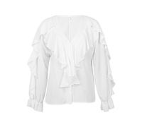 Achlibe Women Button-Down Solid Color/Letter/Butterfly/Plant Print Ruffle Chiffon Shirt V-Neck Long Puff Sleeve Tops (White, XX-Large)