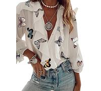 Achlibe Women Button-Down Solid Color/Letter/Butterfly/Plant Print Ruffle Chiffon Shirt V-Neck Long Puff Sleeve Tops (White Butterfly, XX-Large)