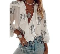 Achlibe Women Button-Down Solid Color/Letter/Butterfly/Plant Print Ruffle Chiffon Shirt V-Neck Long Puff Sleeve Tops (White Letter, XX-Large)