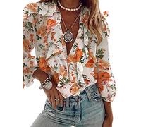 Achlibe Women Button-Down Solid Color/Letter/Butterfly/Plant Print Ruffle Chiffon Shirt V-Neck Long Puff Sleeve Tops (Orange, Large)