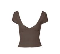 Achlibe Women Deep V Neck Tops, Casual Short Sleeve Low Cut Solid Color Slim Fit T-Shirts Summer Crop Cami (Brown, S)