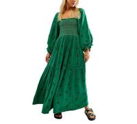 Achlibe Women Flower Embroidery Ruffle Long Dress Square Neck Long Sleeve Ruched Dress Fall Loose Boho Swing Dress (A-Dark Green, L)