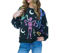 Achlibe Women Halloween Sweatshirt Ghost Sequin Graphic Pullover Sparkly Dancing Skeleton Sweater Jumper Tops Shirt (A-black, XL)