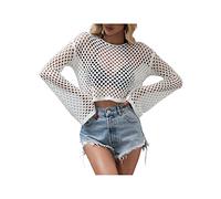Achlibe Women Hollow Out Crop Tops,Long Sleeve Crochet Knit Sweater Solid Color Loose Cover Up Pullover Tops Vintage Knitwear (White 3, S)