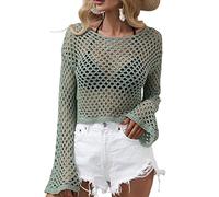 Achlibe Women Hollow Out Crop Tops,Long Sleeve Crochet Knit Sweater Solid Color Loose Cover Up Pullover Tops Vintage Knitwear (Green, M)