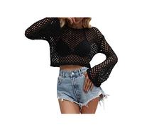 Achlibe Women Hollow Out Crop Tops,Long Sleeve Crochet Knit Sweater Solid Color Loose Cover Up Pullover Tops Vintage Knitwear (Black 3, L)