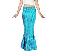 Achlibe Women Long Mermaid Skirt, Metallic Hologram Scale Print Slim Fit Skirt with Pearl Chain Cosplay Party (Blue, L)