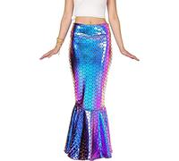 Achlibe Women Long Mermaid Skirt, Metallic Hologram Scale Print Slim Fit Skirt with Pearl Chain Cosplay Party (Colorful, M)