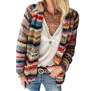 Achlibe Women Rainbow Knit Cardigan Striped Long Sleeve Open Front Cardigan Sweater Knitwear Color Block Jacket (A-a-Red, S)