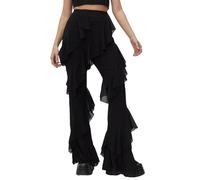 Achlibe Women Ruffled Tulle Pants High Waist Frilly Tiered Mesh Palazzo Pants Beach Trousers Holiday Party Rave Outfit (A-Black, S)