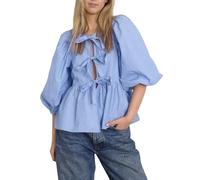 Achlibe Women’s Bow Tie Front Tops Puff Sleeve Round Neck Striped Print Babydoll Shirts Spring Fall Blouses Going Out Tops (Blue, L)