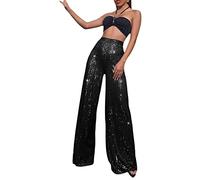 Achlibe Women Sequins Decor Wide Leg Pant Surface Casual Elastic High Waist Glitter Palazzo Pants (Black 1, XL)