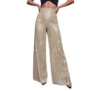 Achlibe Women Sequins Decor Wide Leg Pant Surface Casual Elastic High Waist Glitter Palazzo Pants (Champagne, M)