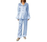 Achlibe Women Sleepwear, Feather Decoration Long Sleeve Button-Down Lapel Collar Tops + Pants Pajamas Set (Lake blue, L)