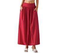 Achlibe Women Summer Bubble Maxi Skirt Casual Elastic Waist Pleated A-Line Long Skirt Beach Balloon Skirt with Lining (A-Red, S)