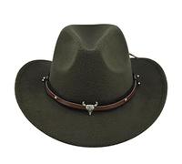 Achlibe Women Western Shapeable Cowboy Hat Retro Vintage Jazz Hat Autumn Winter Wide Brim Bull Hat (Army Green Bull, One Size)
