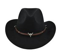 Achlibe Women Western Shapeable Cowboy Hat Retro Vintage Jazz Hat Autumn Winter Wide Brim Bull Hat (Black Bull, One Size)