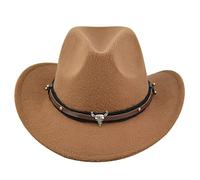 Achlibe Women Western Shapeable Cowboy Hat Retro Vintage Jazz Hat Autumn Winter Wide Brim Bull Hat (Khaki Bull, One Size)