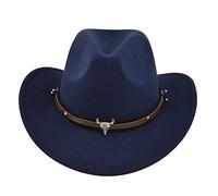 Achlibe Women Western Shapeable Cowboy Hat Retro Vintage Jazz Hat Autumn Winter Wide Brim Bull Hat (Navy Blue Bull, One Size)