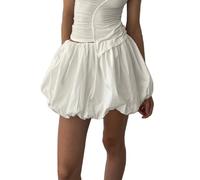 Achlibe Women's Mini Lantern Skirt Casual Loose Fitting Elastic Waist Solid Color Short Puffball Skirt Summer Skirt (White, L)