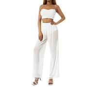 Achlibe Women's See Through Sheer Mesh Pants Wide Leg Long Pants Summer High Waist Perspective Loose Beach Trousers Bikini Bottom Cover up (White, L)