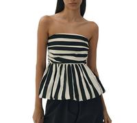 Achlibe Women's Strapless Peplum Tops Stripe Print Ruched Backless Cropped Bubble Bandeau Tank Top Blouse (Black, M)