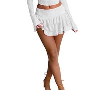 Achlibe Womens Summer y2k Lace Trim Skirt Multi Layered Ruffle Boho Low Waist Flowy Skirt Sexy Gothic Mini Skirt (A-White, S)