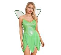 Achlibe Women's Tinkerbell Forest Pixie Fairy Costume Pretty Elf Princess Cosplay Cami Dress With Wings Christmas Party Outfits(A-Green, XL)